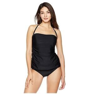 Ocean Blues Ruched Bandeau Tummy Control Tankini Top Black Size S